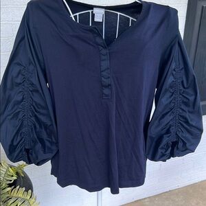 Chico's Blue Relaxed Ruched Blouse with Mandarin Collar